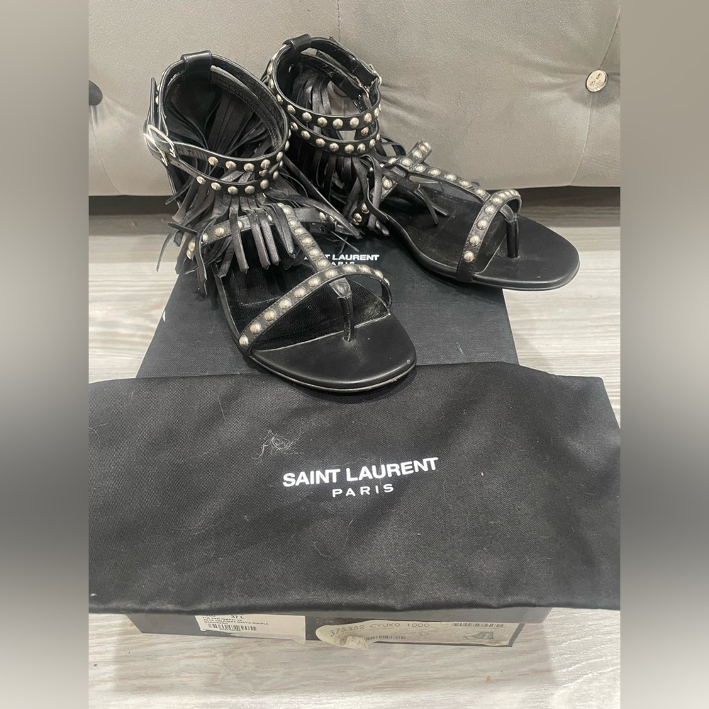 SAINT LAURENT Studs GLADIATOR SANDALS Black FRINGE LEATHER. With BOX & DUST BAG